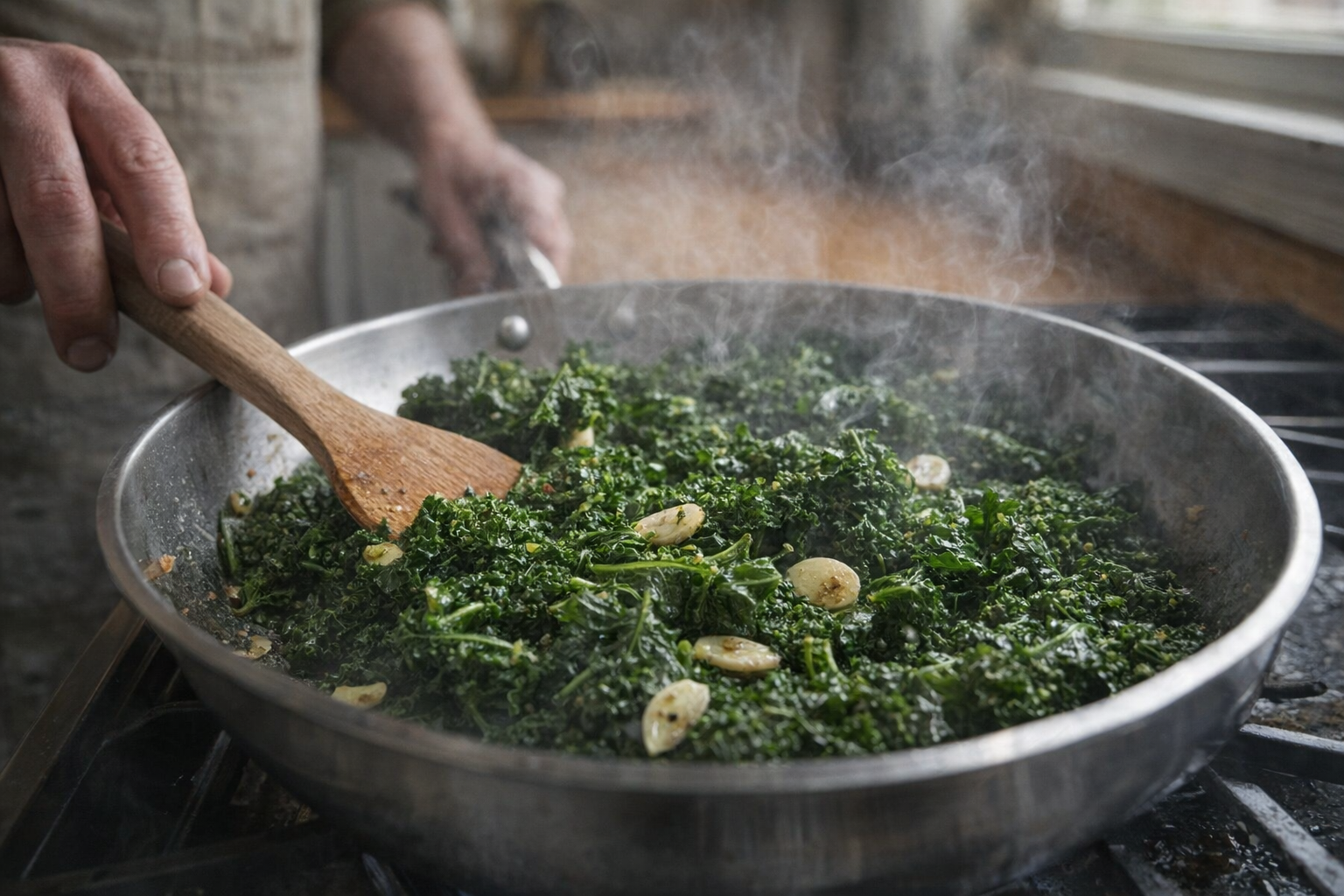 An action shot of kale being sautéed in a stainless steel skillet, garlic visible, steam rising, kitchen lighting